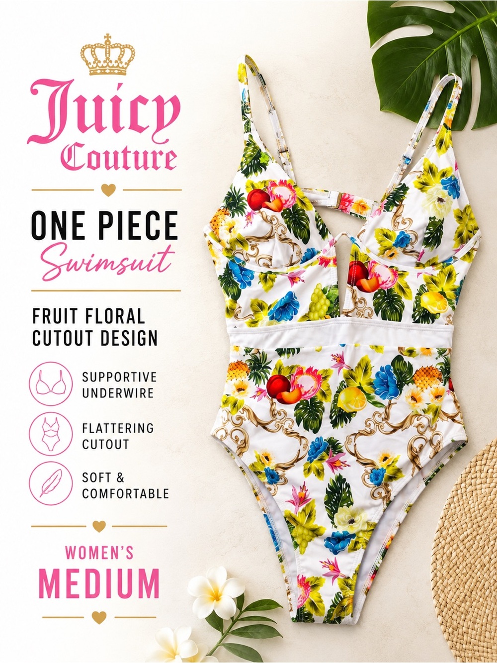 Juicy Couture One Piece Swimsuit Fruit Floral Cutout White Women’s Medium